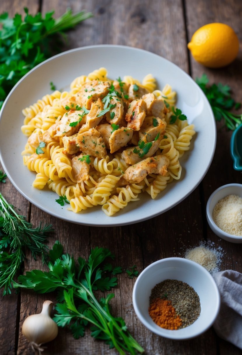 A steaming plate of creamy Cajun chicken pasta sits on a rustic wooden table, surrounded by fresh herbs and spices