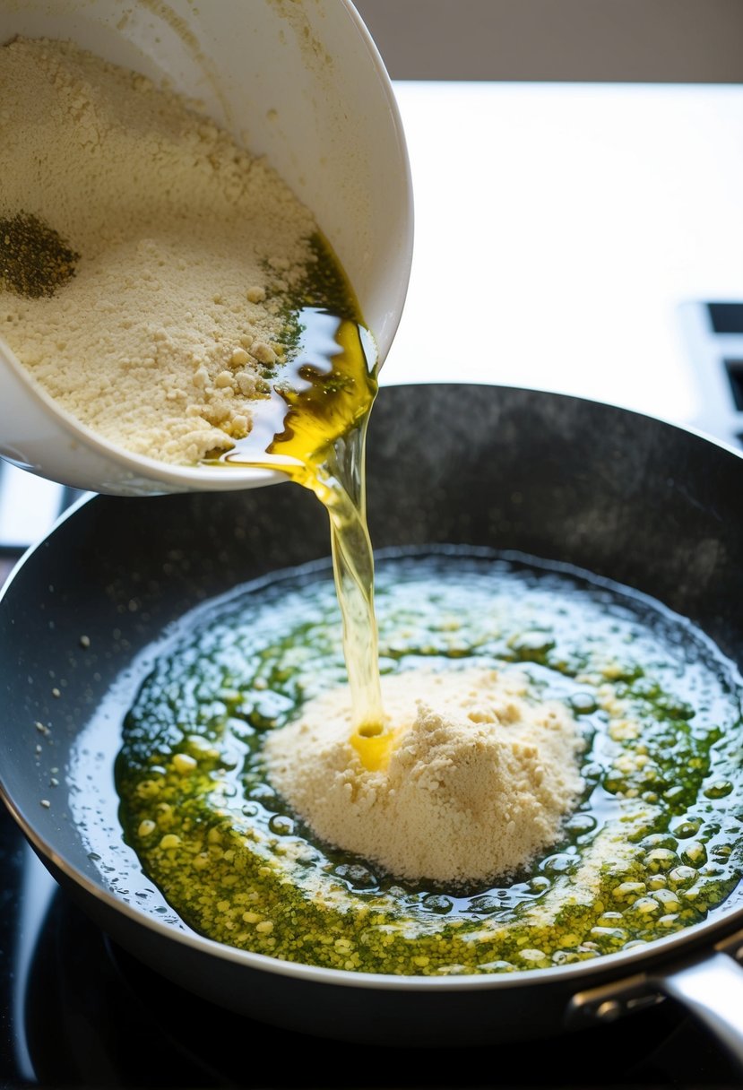 A bowl of chickpea flour, mixed with water, herbs, and spices, being poured into a sizzling pan of hot oil