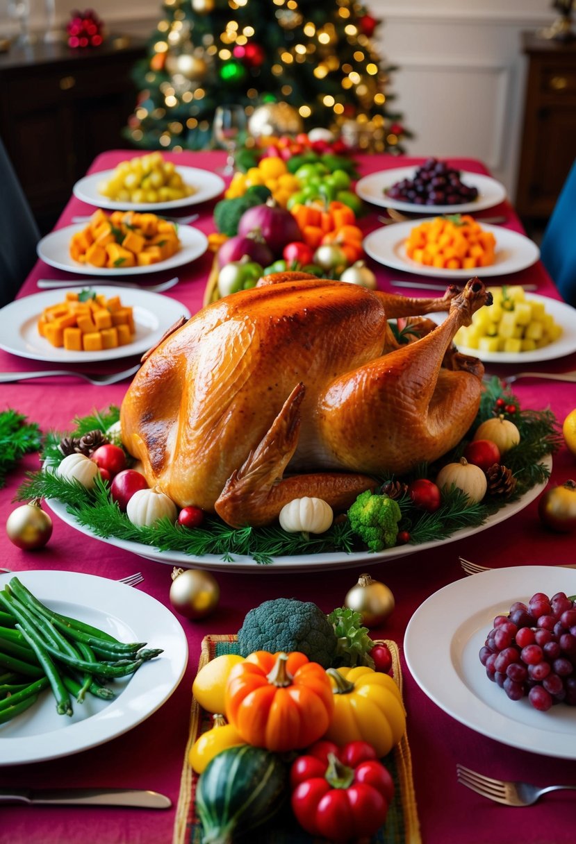 A festive table spread with a colorful array of roasted turkey and a variety of Christmas vegetables, arranged in a visually appealing manner