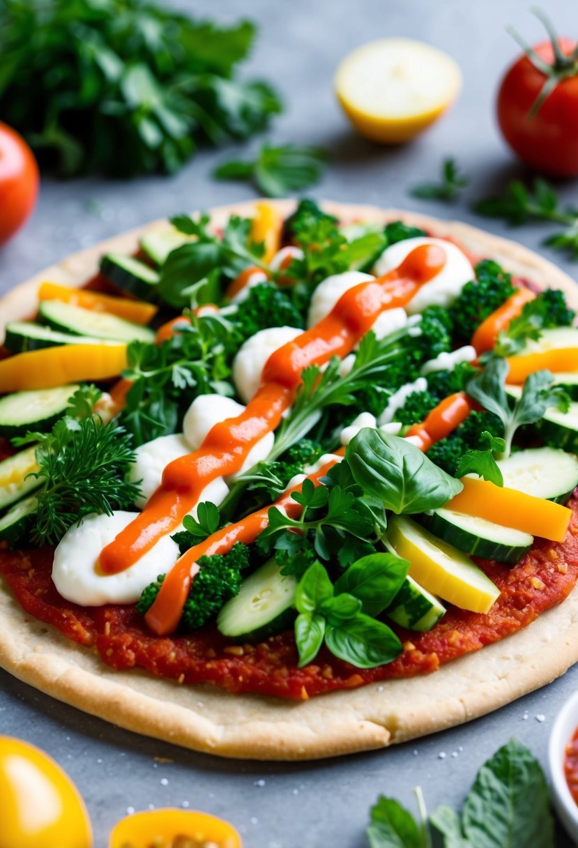 A colorful array of fresh vegetables and herbs arranged on a gluten-free pizza crust, with a drizzle of vegan cheese and tomato sauce