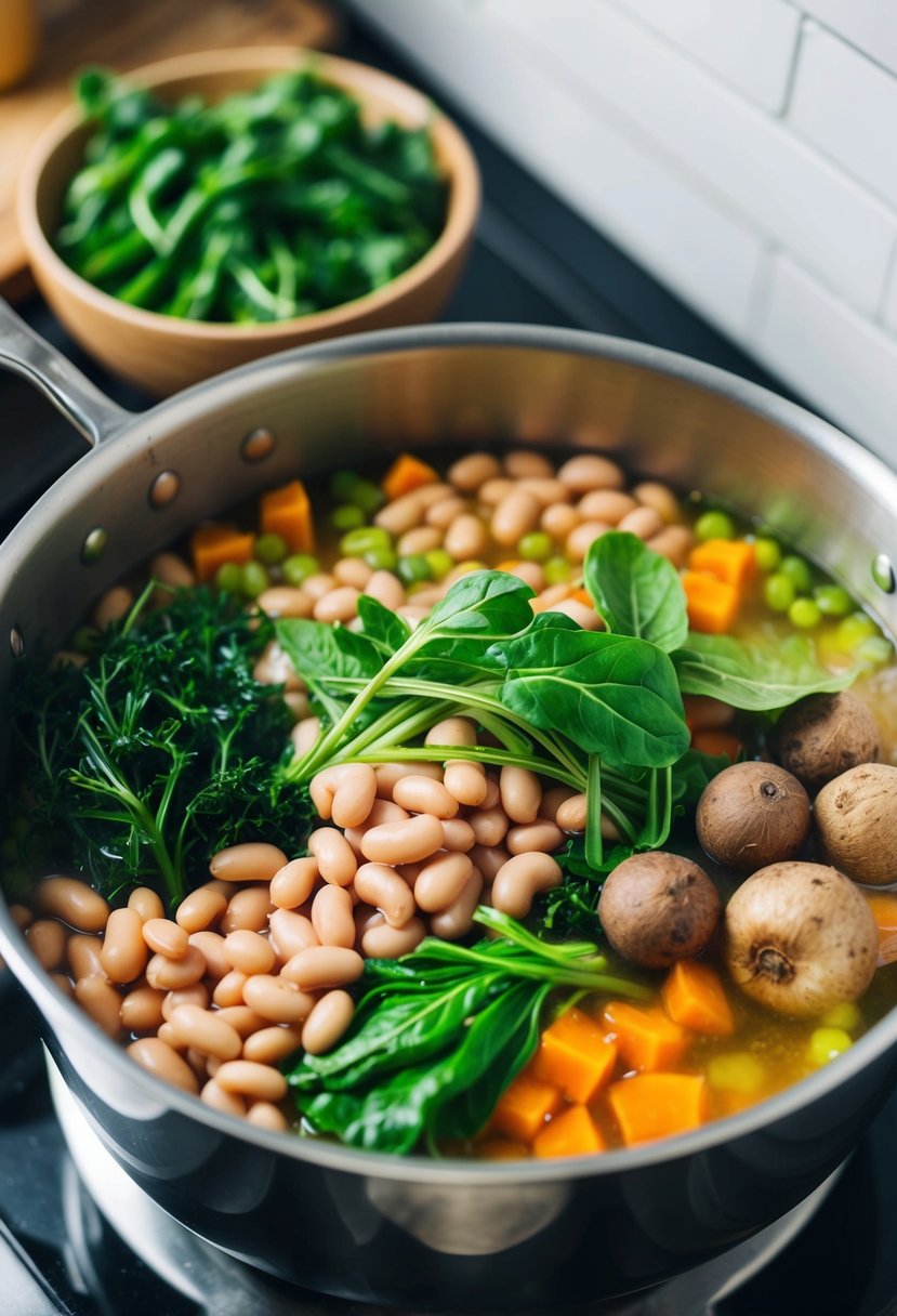 A colorful array of prebiotic superfoods, including beans, leafy greens, and root vegetables, simmering in a pot on a stove