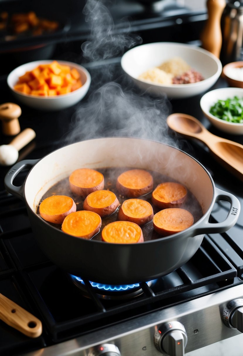 A steaming pot of sweet potato stovies cooking on a stovetop, surrounded by various ingredients and cooking utensils