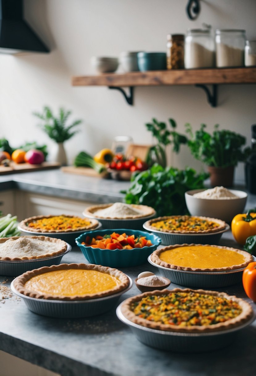 A rustic kitchen counter with an assortment of savory vegan pies and ingredients, including colorful vegetables and gluten-free flour