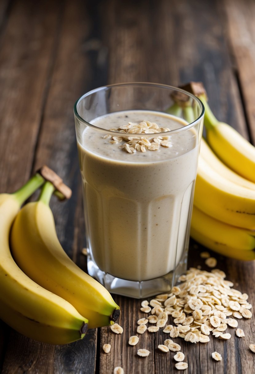 A glass of banana and oat smoothie surrounded by fresh bananas and oats on a wooden table