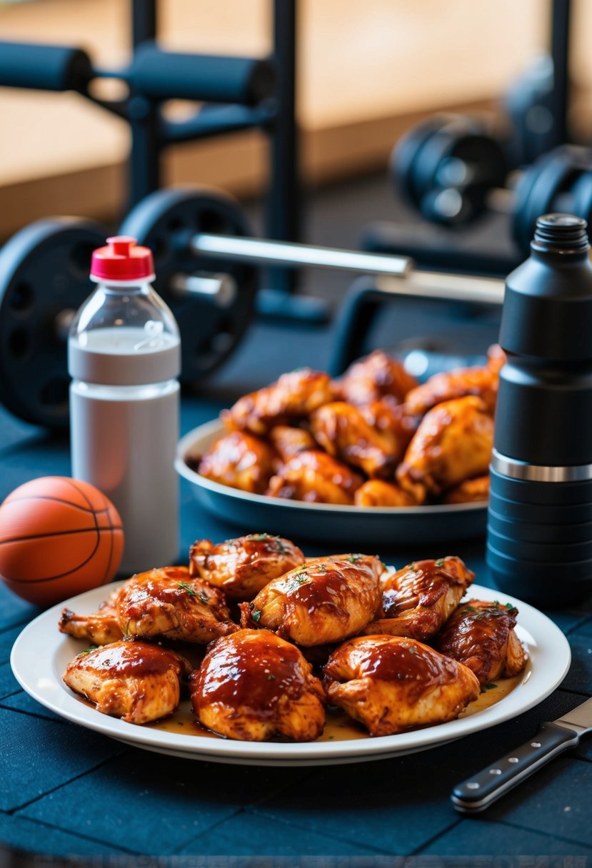 A platter of baked BBQ chicken surrounded by gym equipment and a water bottle