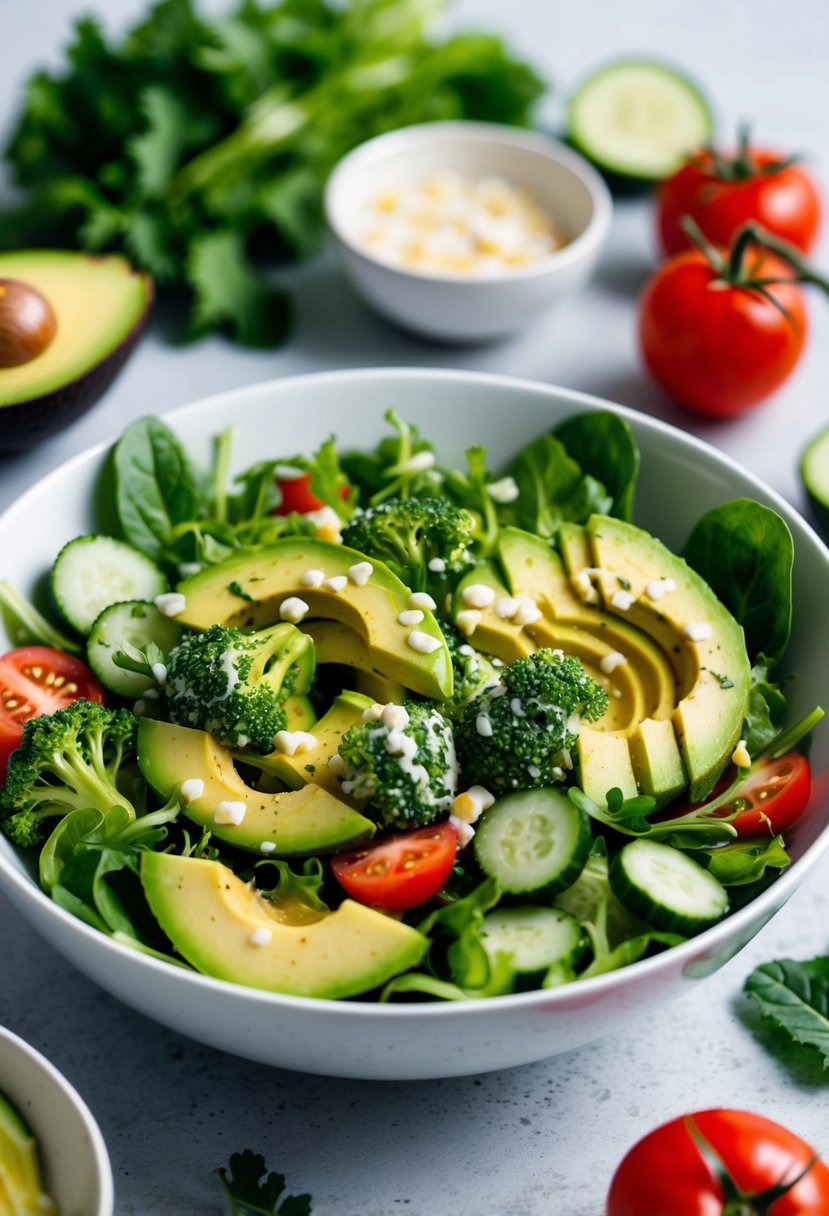 A vibrant bowl of avocado and broccoli salad surrounded by fresh ingredients like tomatoes, cucumbers, and leafy greens, with a light vinaigrette drizzled on top