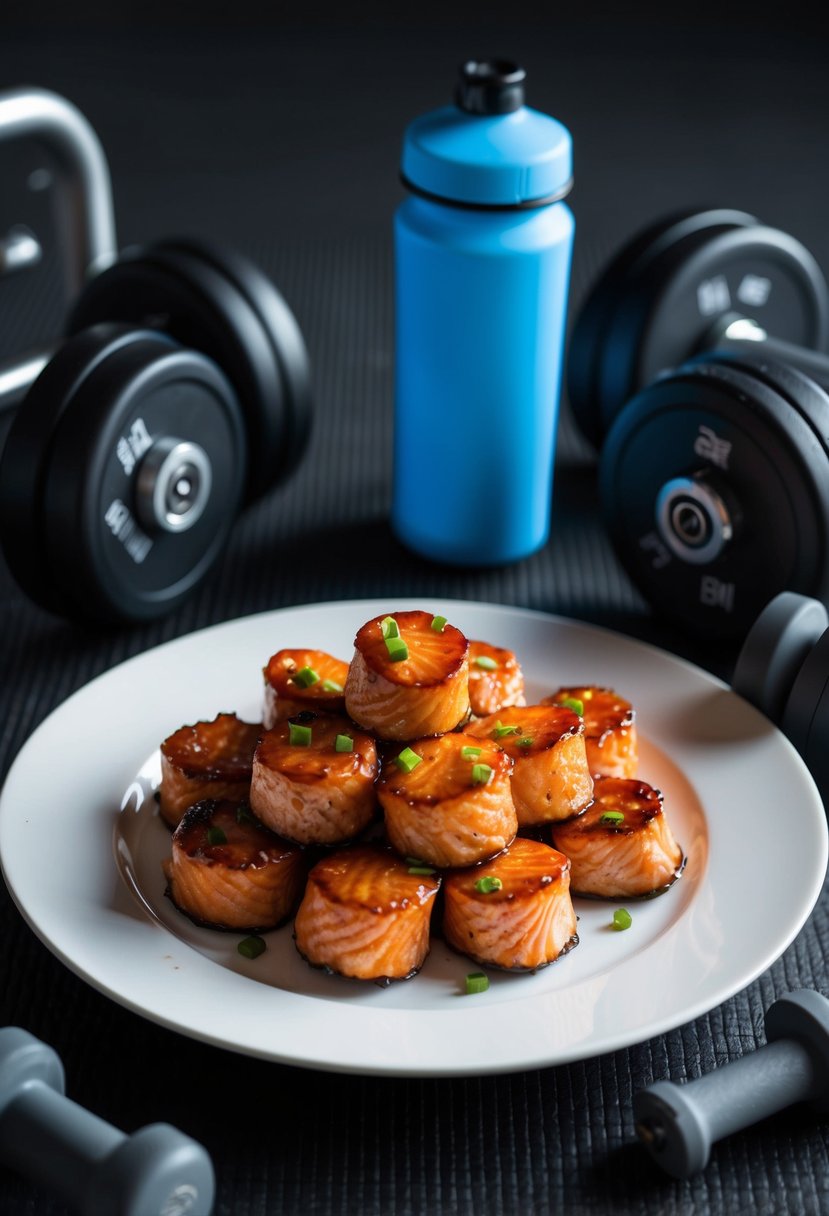 A plate of teriyaki salmon bites surrounded by gym equipment and a water bottle