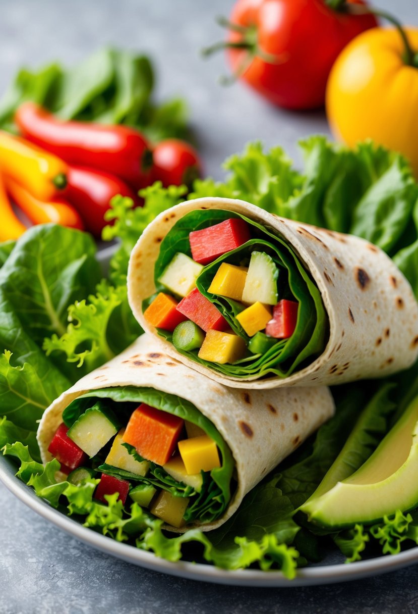 A colorful array of fresh vegetables and vibrant green lettuce leaves, neatly wrapped in a gluten-free vegan tortilla