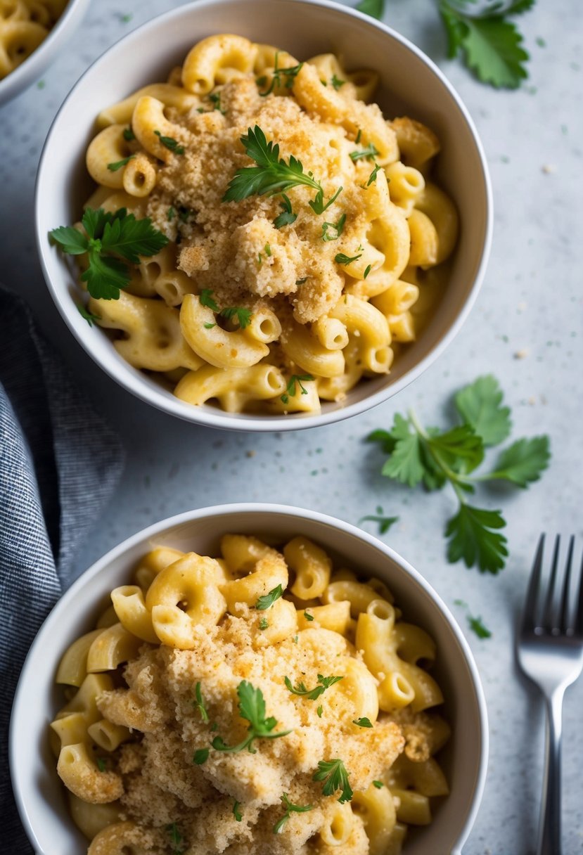 A bowl of creamy vegan mac and cheese topped with breadcrumbs and fresh herbs