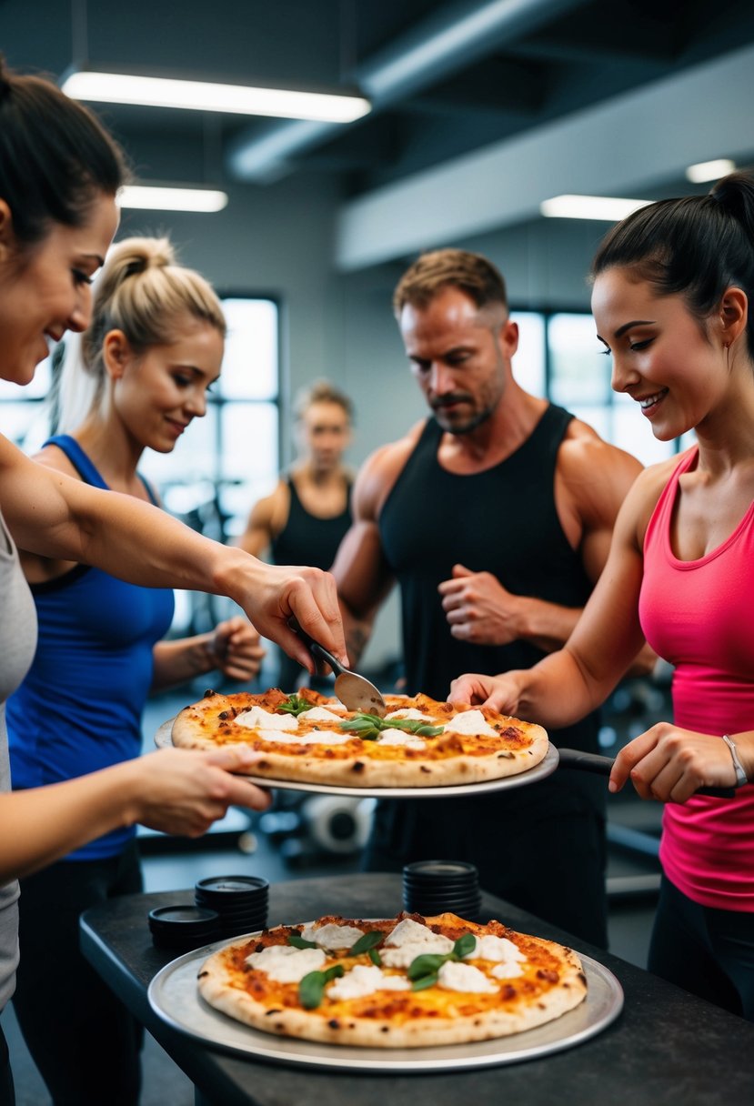 A gym scene with a chicken crust pizza being prepared and enjoyed by fitness enthusiasts