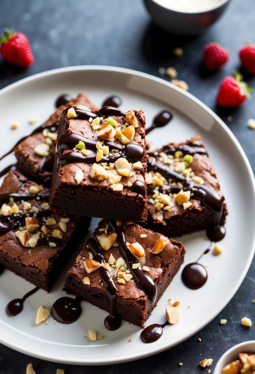 A plate of rich, fudgy brownies topped with crushed nuts and a drizzle of chocolate sauce. A scattering of fresh berries adds a pop of color to the dessert