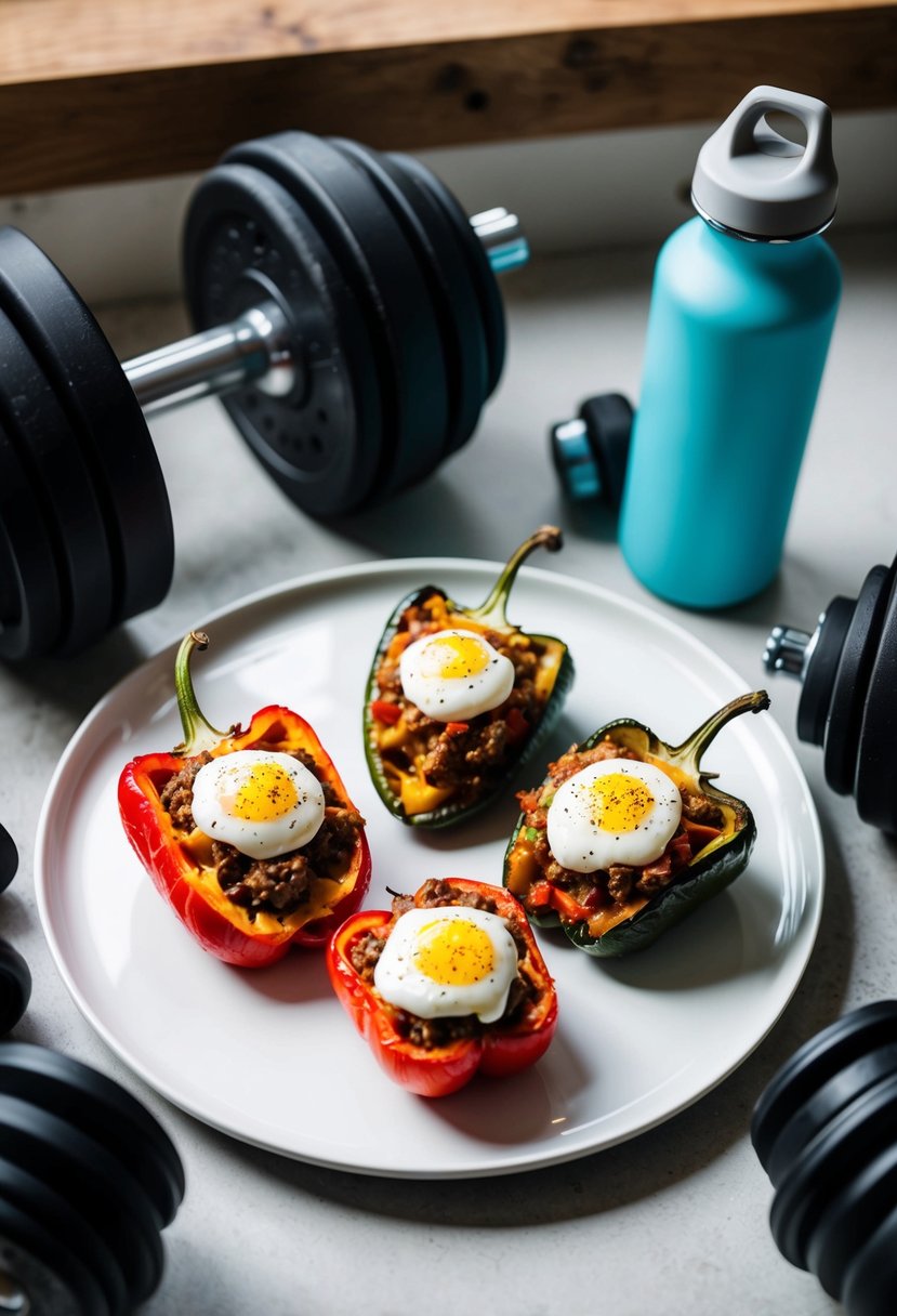 Freshly baked keto taco stuffed peppers on a clean, white plate. Surrounding the plate are various gym equipment and a water bottle