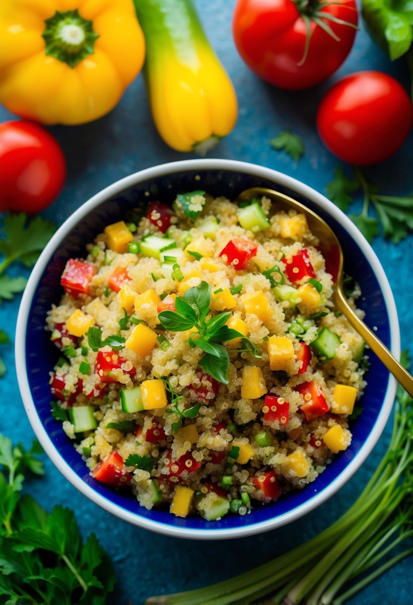 A colorful bowl of quinoa salad surrounded by fresh vegetables and herbs