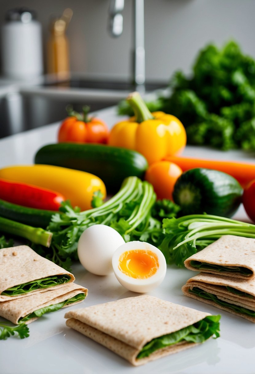 A colorful array of fresh vegetables and a cracked egg surrounded by whole wheat wraps on a clean, modern kitchen countertop