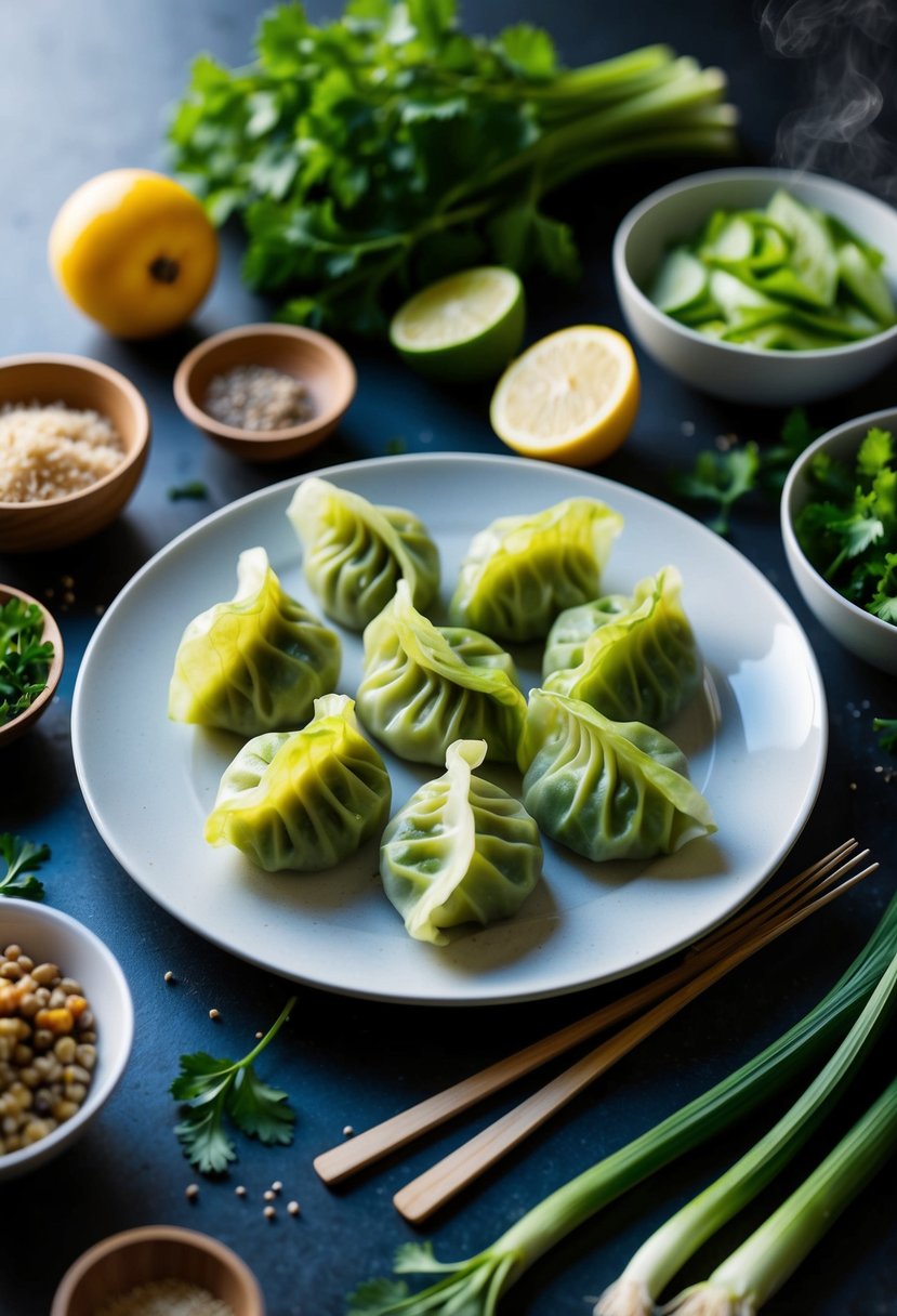 A table set with a plate of steaming vegan cabbage-wrapped dumplings, surrounded by fresh vegetables and gluten-free ingredients