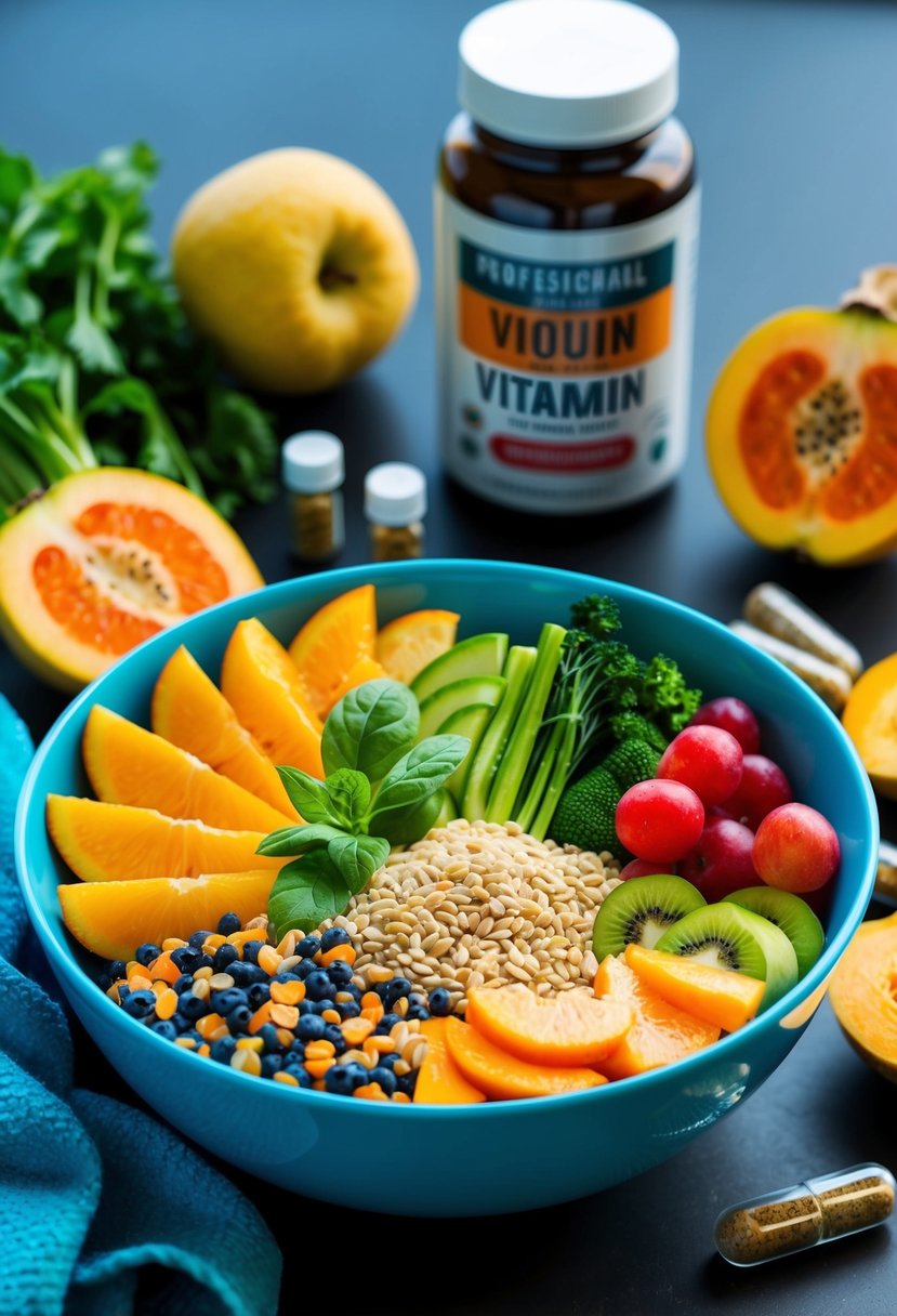 A colorful bowl filled with grains, fresh vegetables, and sliced fruits, surrounded by vitamin supplements and a gym towel