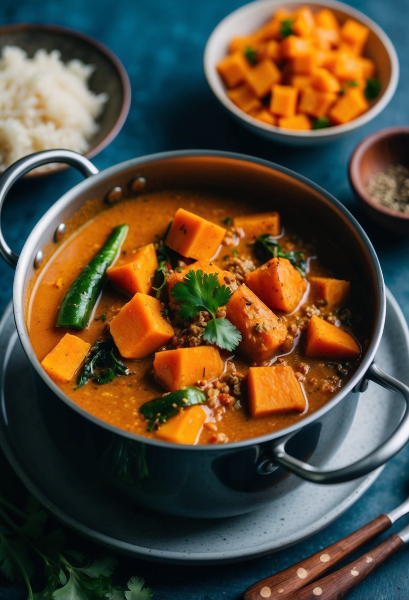 A simmering pot of sweet potato curry with vibrant vegetables and aromatic spices