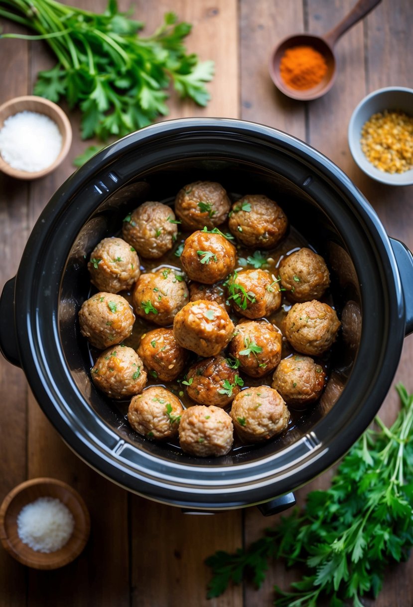 A slow cooker filled with savory meatballs surrounded by fresh herbs and spices