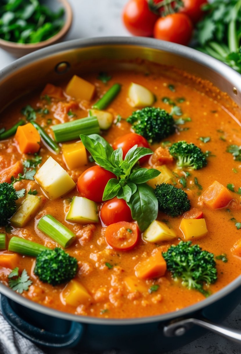 A colorful array of fresh vegetables and aromatic spices simmering in a rich, creamy tomato sauce, filling the air with mouthwatering fragrance