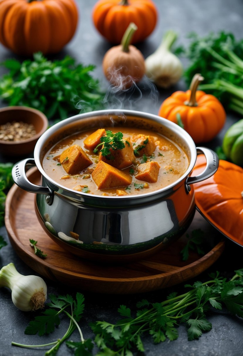 A steaming pot of pumpkin curry surrounded by fresh vegetables and herbs