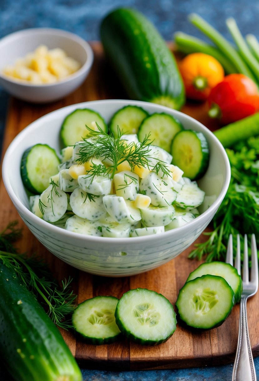 A bowl of creamy cucumber salad surrounded by fresh cucumbers, dill, and other colorful vegetables on a wooden cutting board