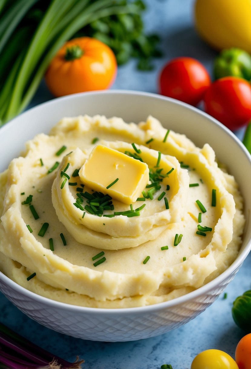 A bowl of creamy mashed potatoes topped with chives and a dollop of vegan butter, surrounded by a variety of colorful vegetables