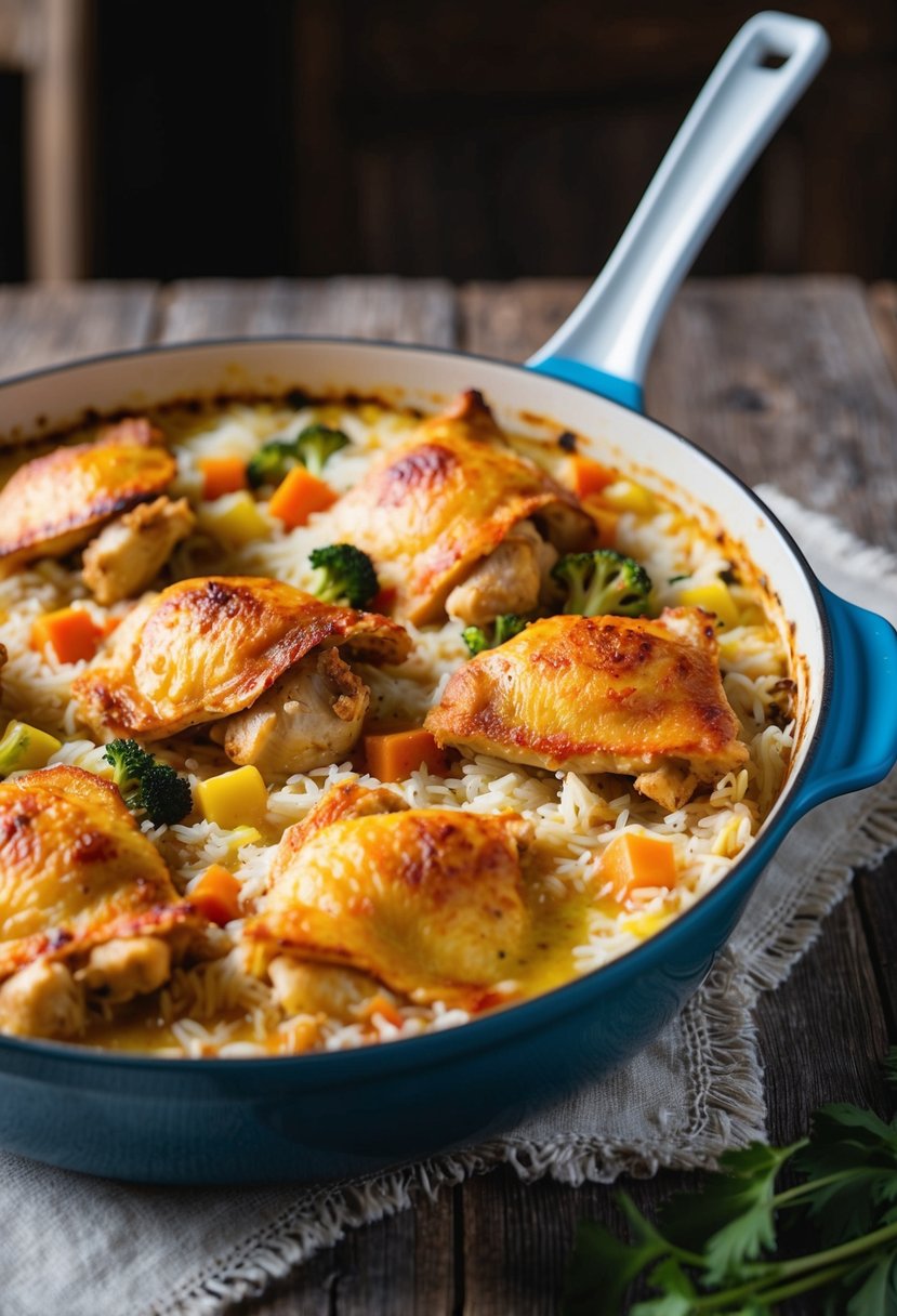 A bubbling casserole dish filled with golden-brown chicken, fluffy rice, and colorful vegetables, sitting on a rustic wooden table