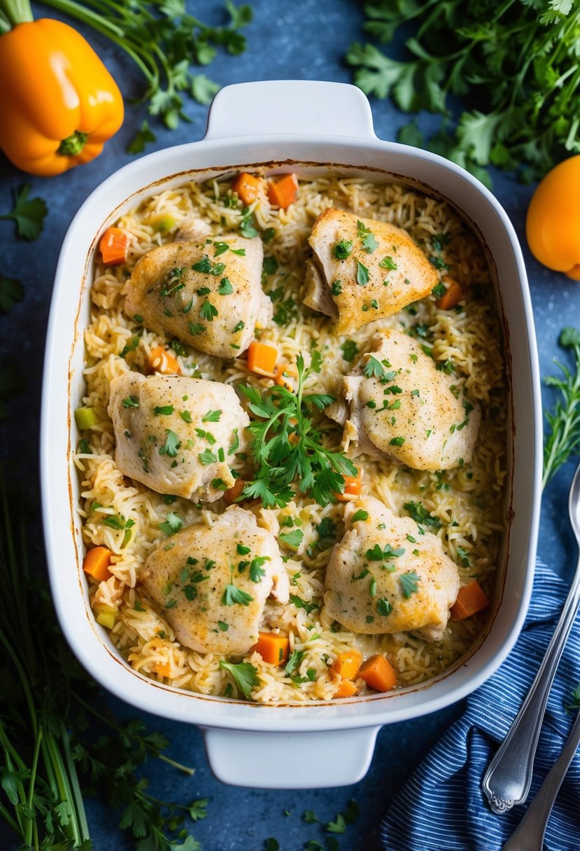 A bubbling casserole dish filled with creamy chicken and rice, surrounded by fresh herbs and colorful vegetables