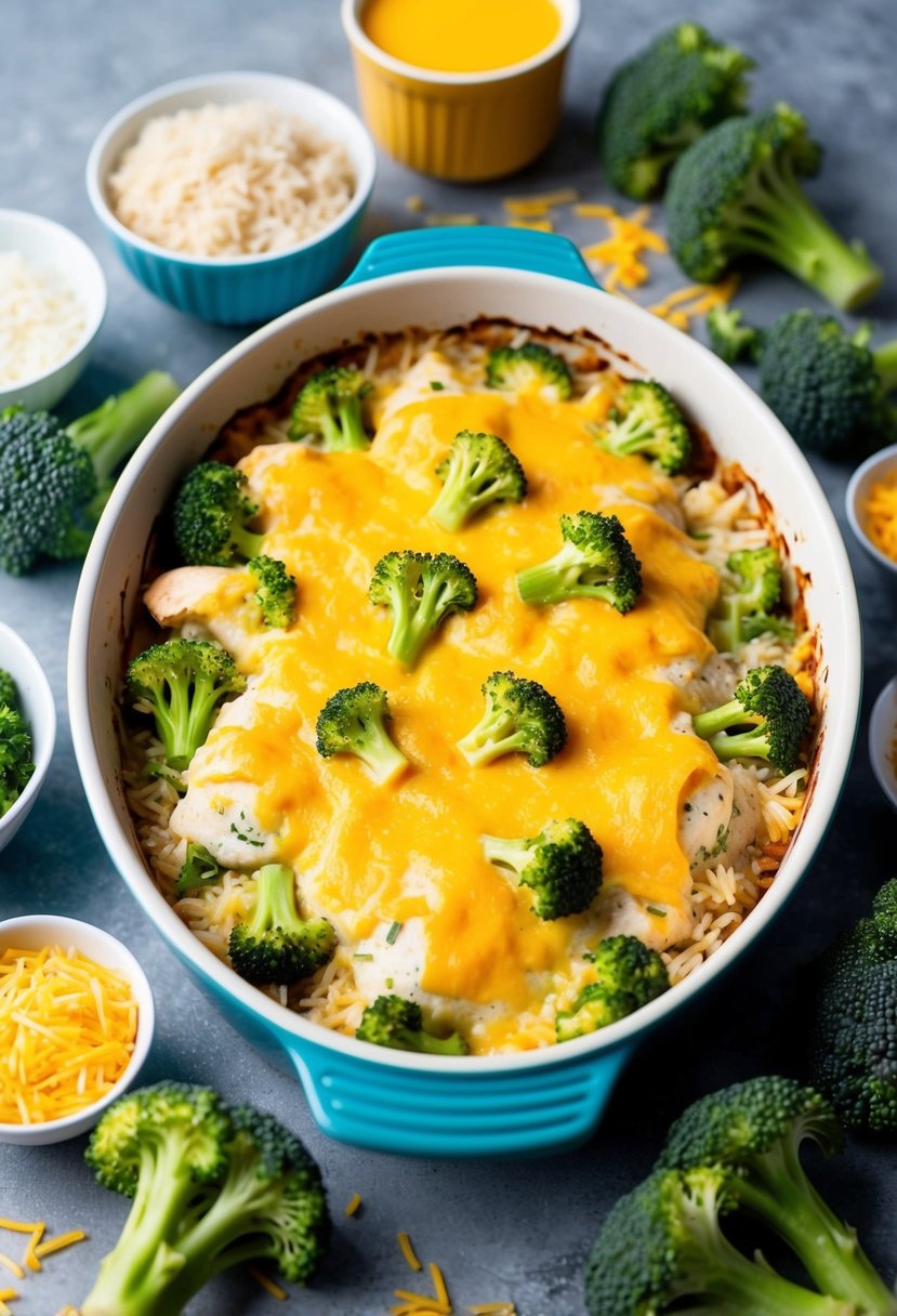 A baking dish filled with cheesy broccoli chicken bake, surrounded by ingredients like rice, chicken, and broccoli