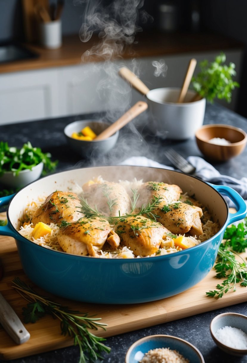 A steaming casserole dish filled with tender chicken, rice, and savory herbs, surrounded by fresh ingredients and cooking utensils on a kitchen counter