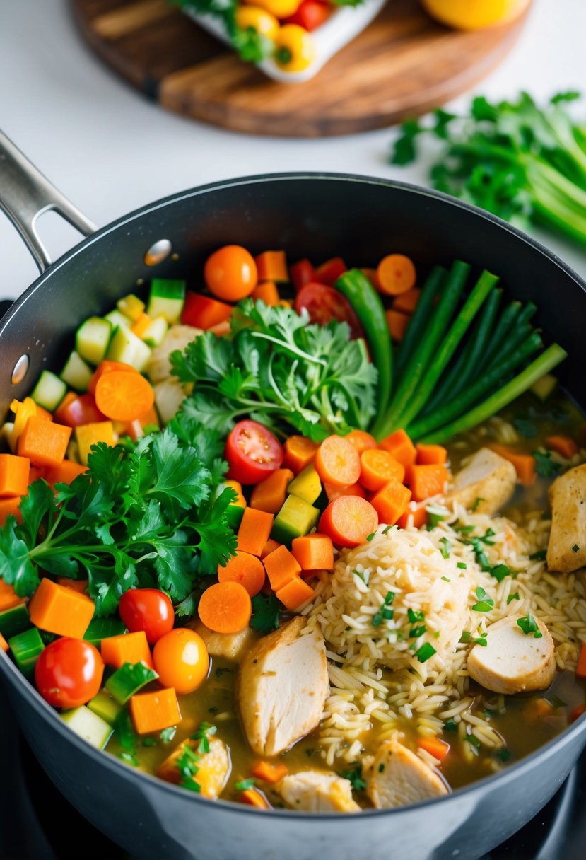 A colorful array of fresh vegetables, chicken, and rice simmering in a large pot on a stovetop