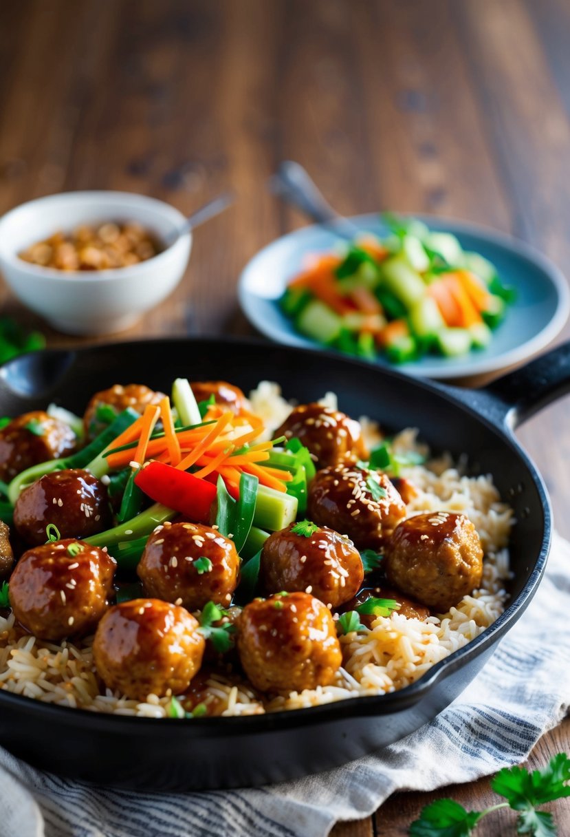 A sizzling skillet of teriyaki meatballs, nestled in a bed of fluffy rice and topped with a colorful array of fresh vegetables