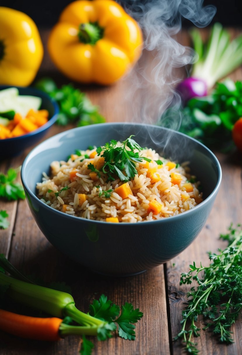 A steaming bowl of brown rice surrounded by colorful vegetables and herbs on a wooden table