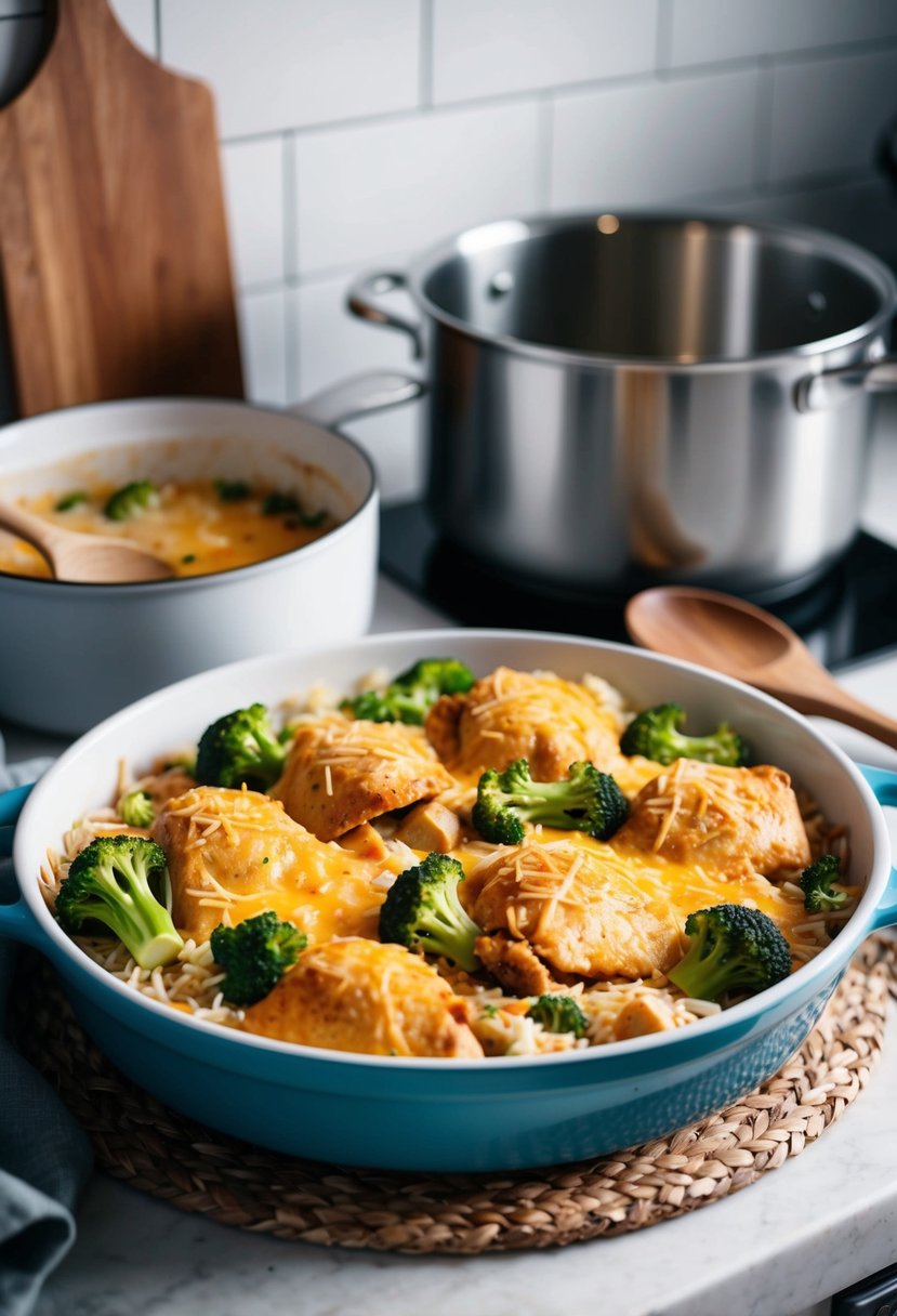 A casserole dish filled with cooked chicken, rice, cheese, and broccoli, sitting on a kitchen counter next to a pot and wooden spoon