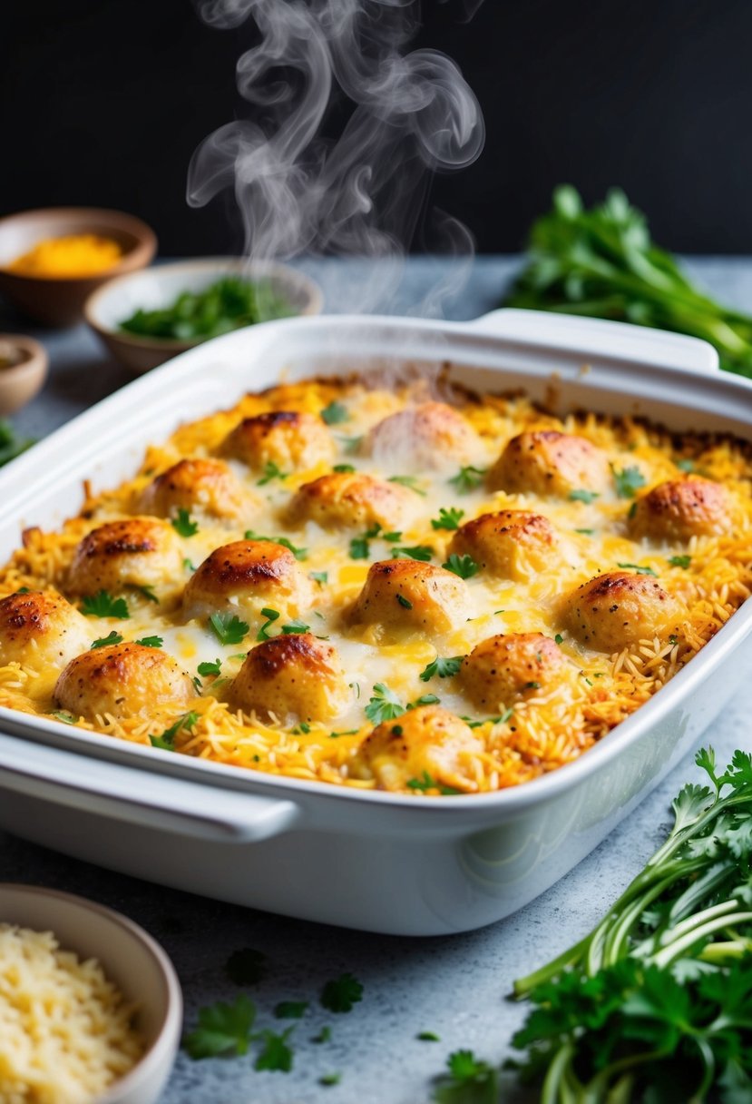 A golden-brown chicken and rice casserole sits in a white baking dish, steam rising from the bubbling mixture. Surrounding the dish are scattered ingredients such as vegetables and herbs