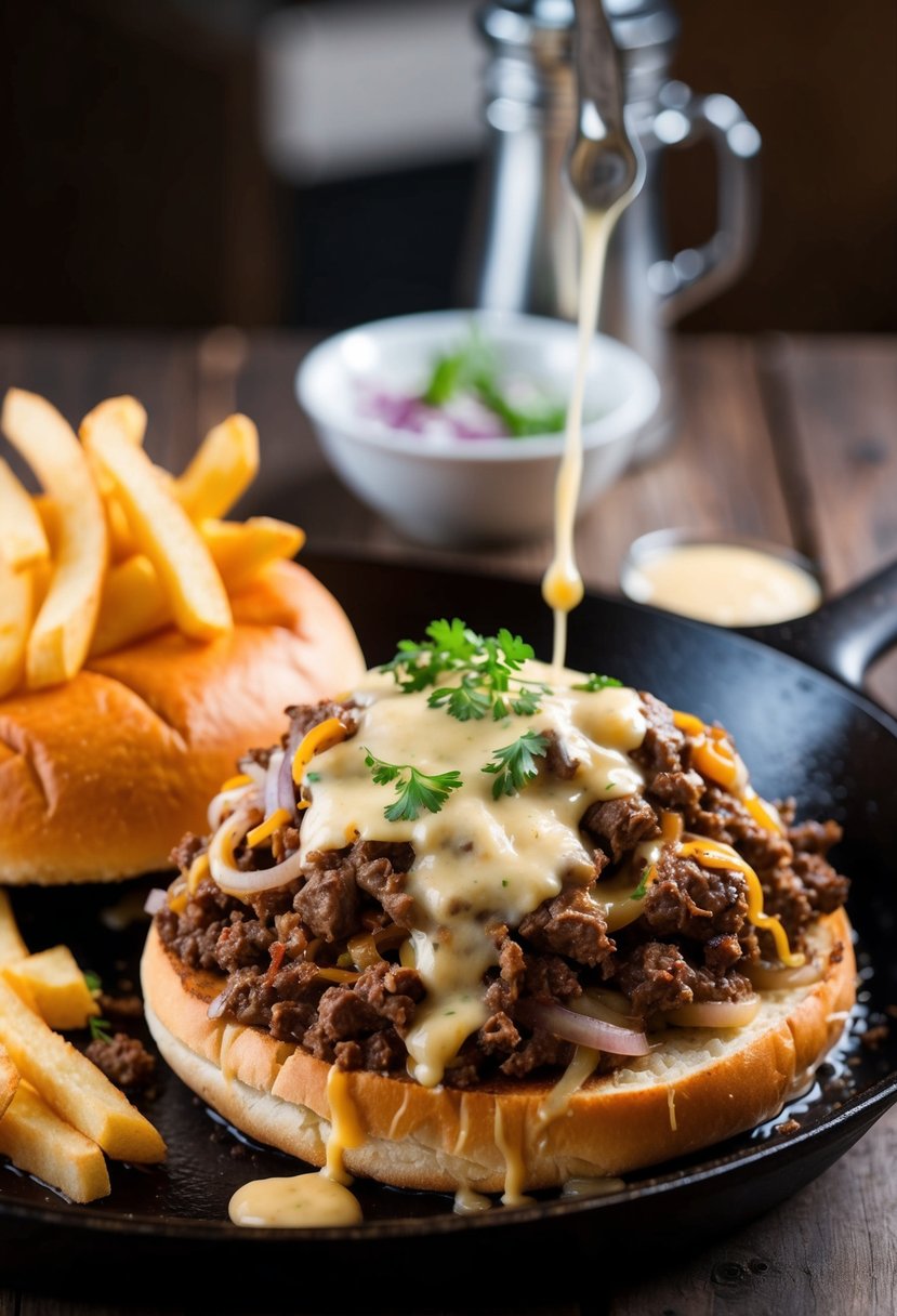 A sizzling skillet of ground beef, onions, and melted cheese, piled onto a soft bun, with a side of fries and a drizzle of savory sauce