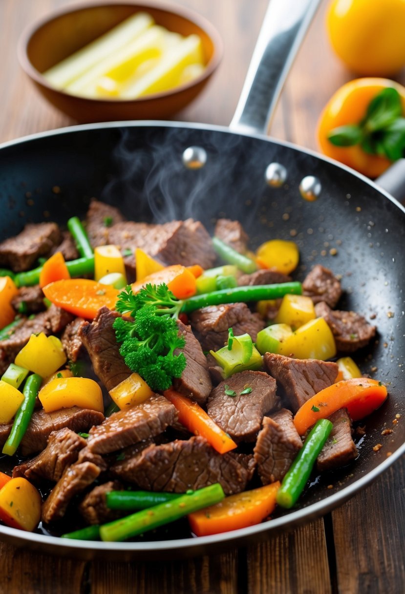 A sizzling skillet of beef and colorful vegetables cooking together in a stir-fry