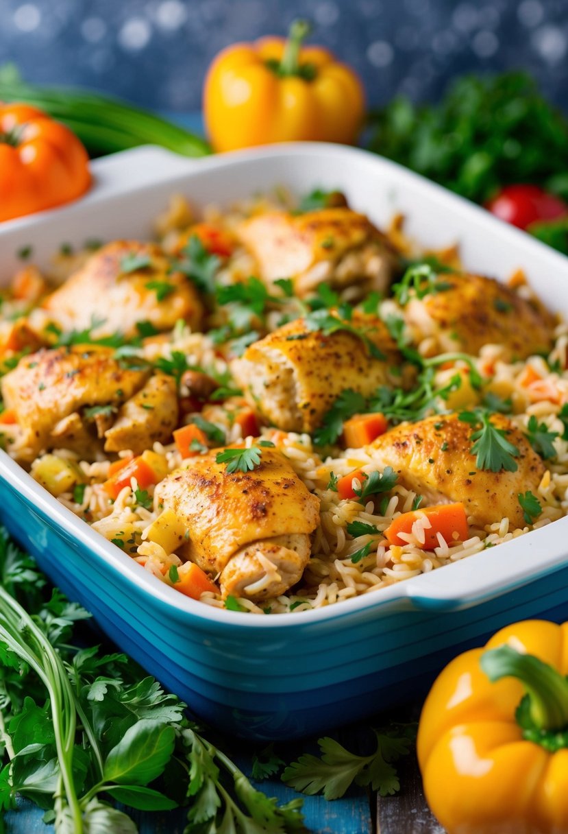 A colorful casserole dish filled with zesty ranch chicken, rice, and a blend of savory spices, surrounded by fresh herbs and vegetables