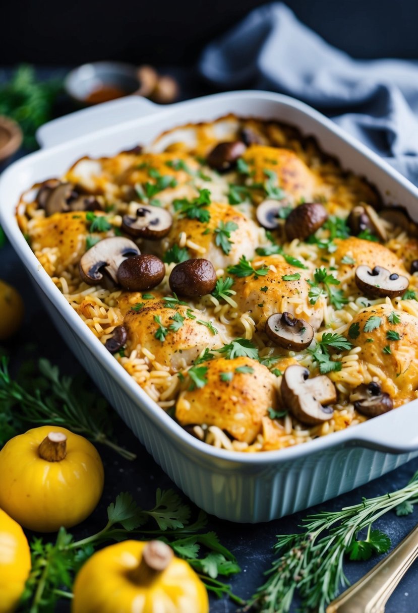 A bubbling casserole dish filled with chicken, rice, and mushrooms, surrounded by fresh herbs and spices