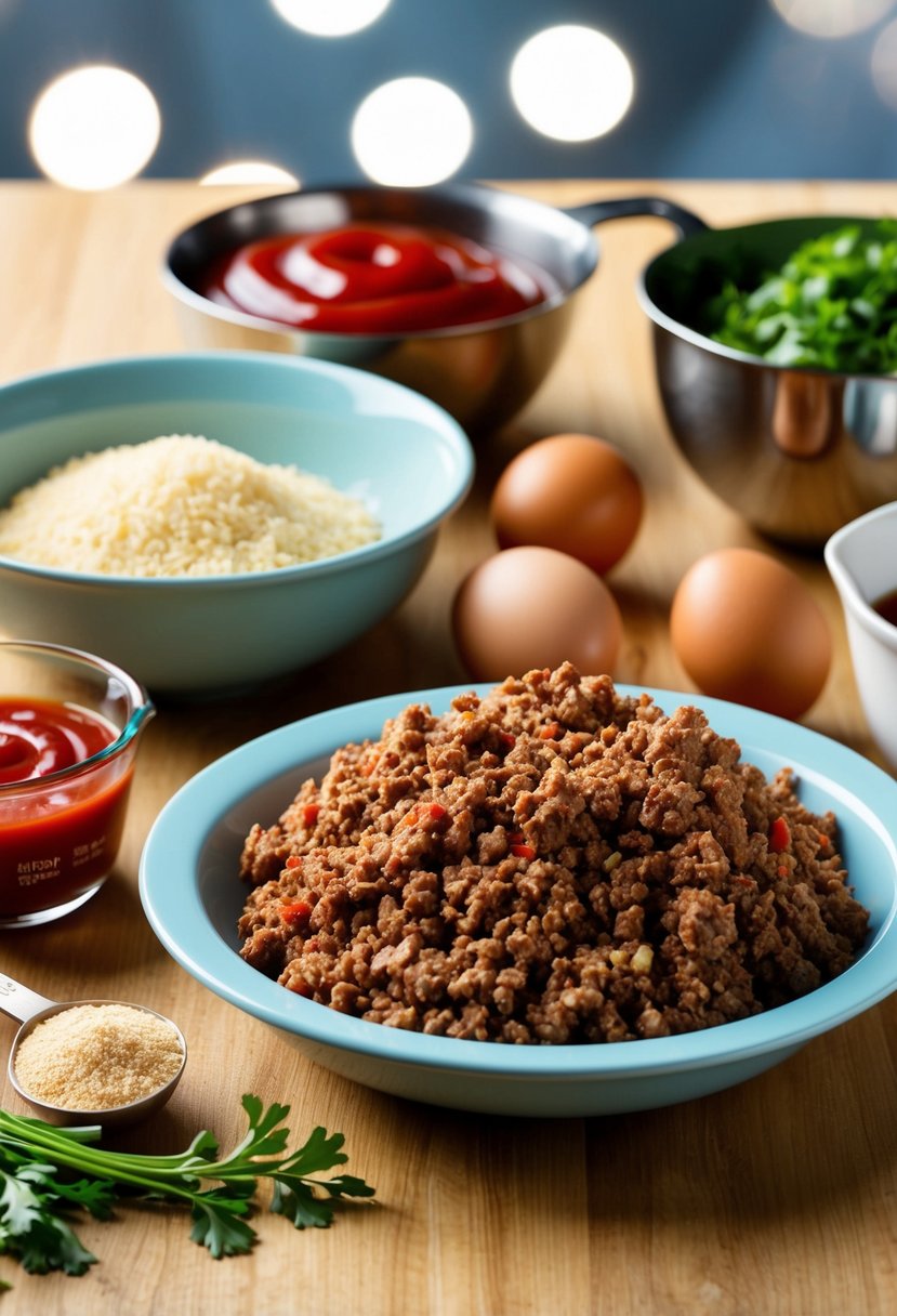 A table set with ingredients: ground beef, breadcrumbs, eggs, ketchup, and spices. Mixing bowl and measuring cups nearby