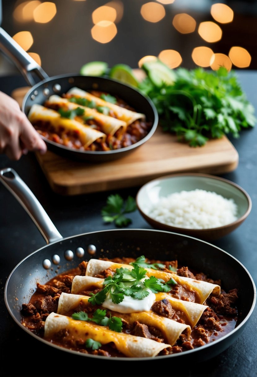 A sizzling skillet of beef enchiladas being prepared with fresh ingredients