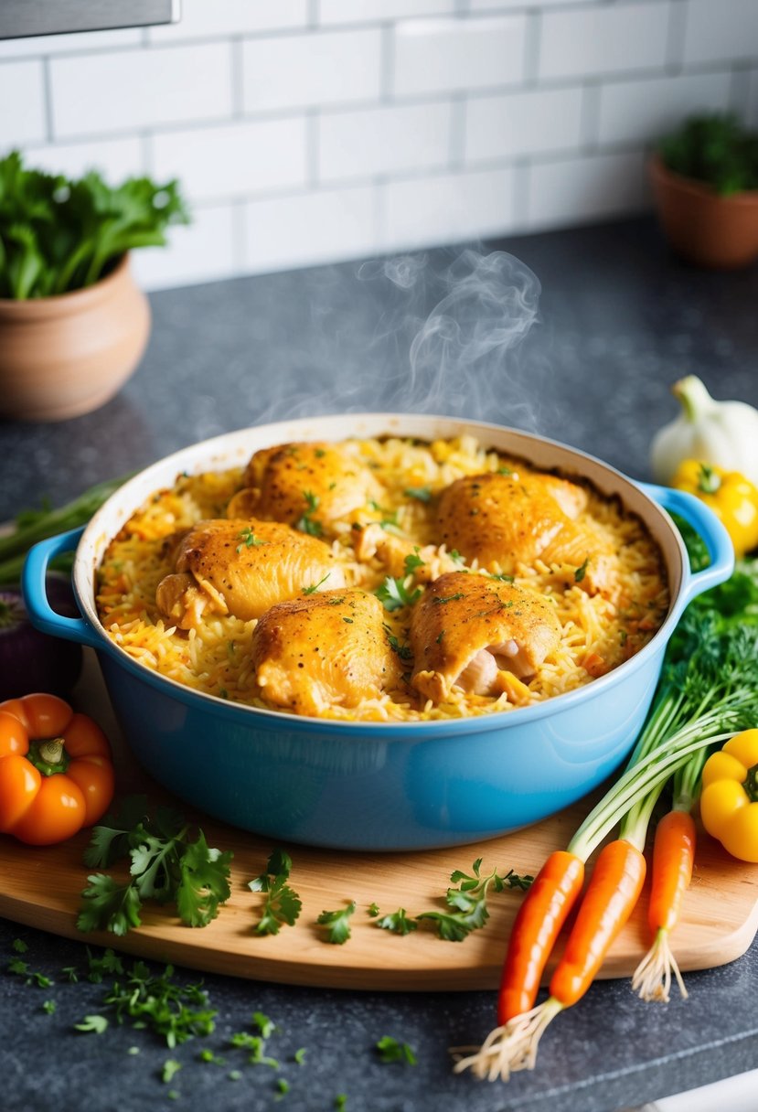 A golden-brown chicken and rice casserole sits steaming on a kitchen counter, surrounded by colorful vegetables and a sprinkle of herbs