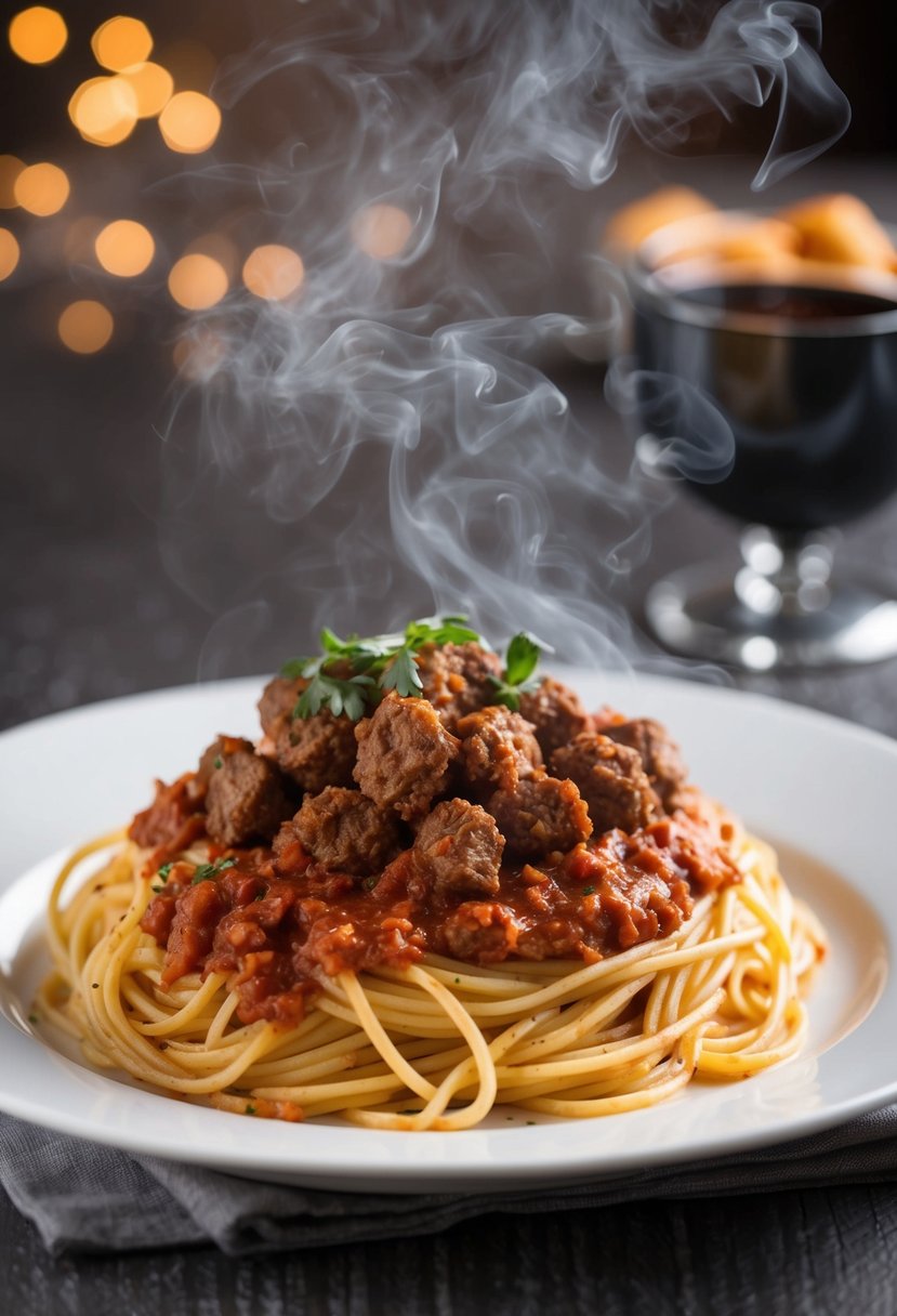 A steaming plate of spaghetti topped with rich Bolognese sauce and seasoned hamburger meat