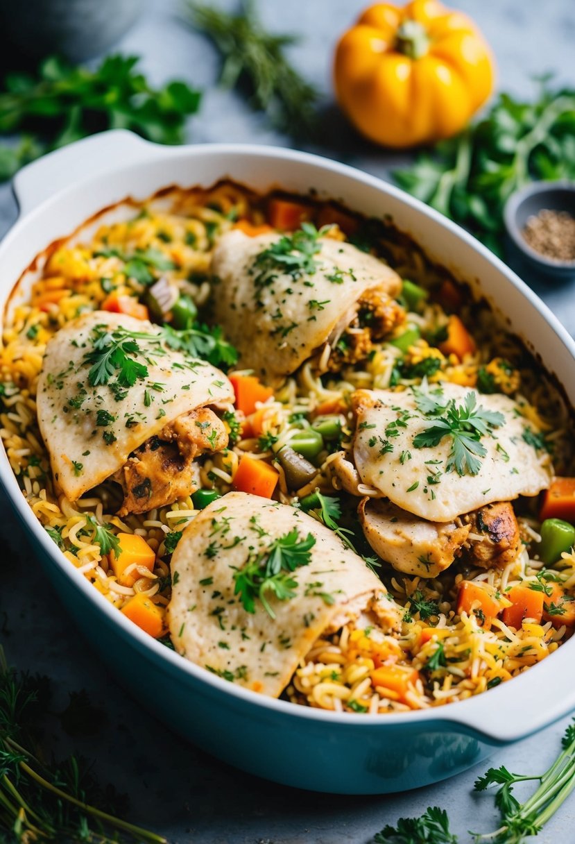 A bubbling casserole dish filled with herbed chicken, rice, and colorful vegetables, surrounded by aromatic herbs and spices