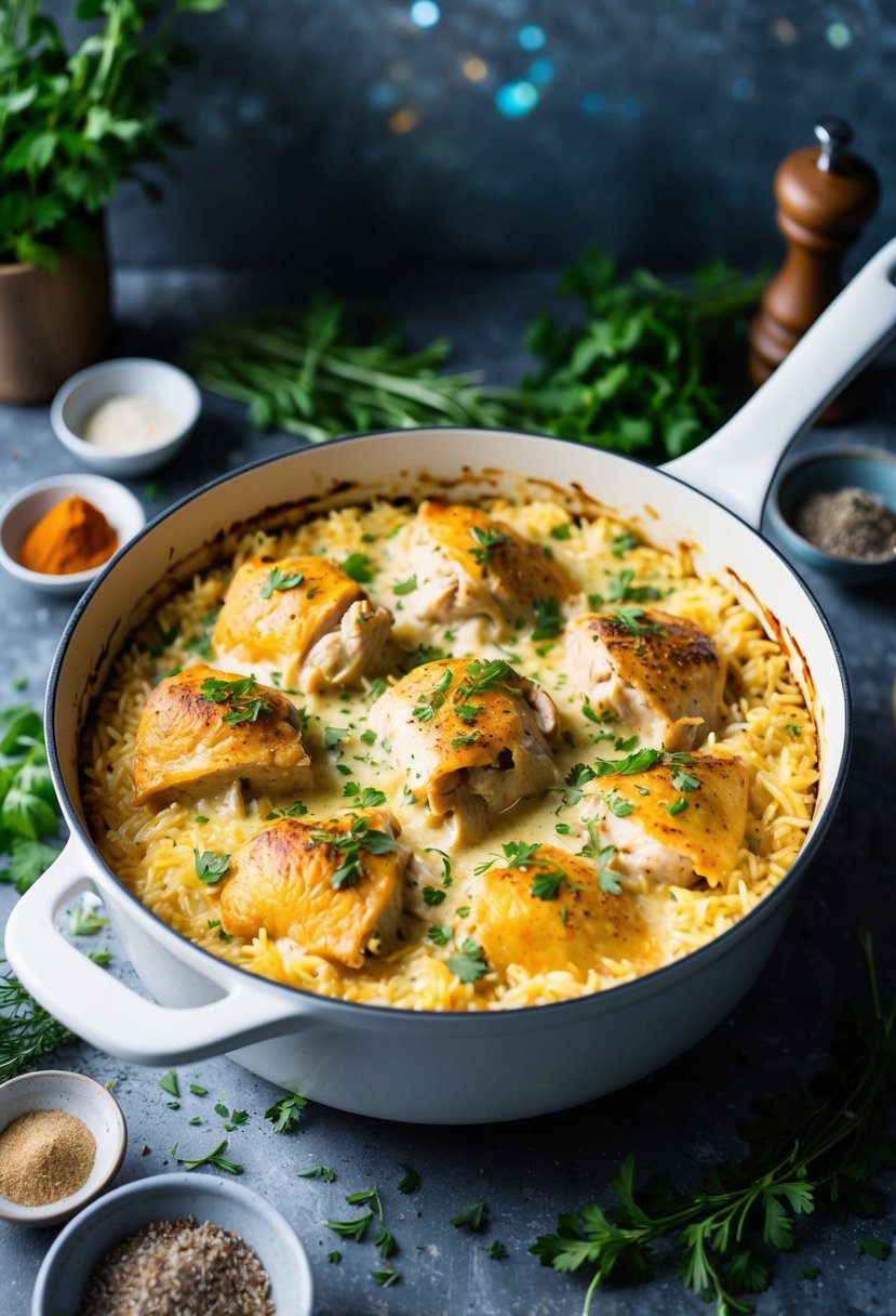 A bubbling casserole dish filled with creamy chicken and rice, surrounded by fresh herbs and spices on a rustic kitchen counter