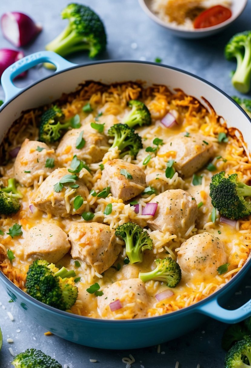 A bubbling casserole dish filled with creamy chicken, rice, and melted cheese, surrounded by scattered ingredients like broccoli, onions, and spices