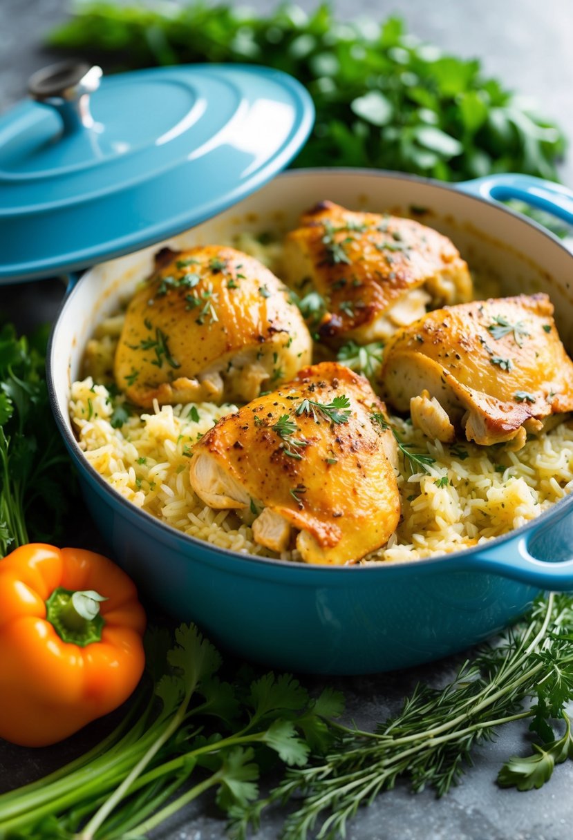 A steaming casserole dish filled with golden-brown herb-seasoned chicken and fluffy rice, surrounded by fresh herbs and colorful vegetables