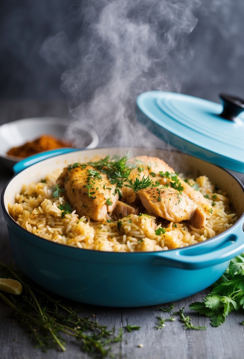 A steaming casserole dish filled with a comforting blend of tender chicken and fluffy rice, surrounded by aromatic herbs and spices