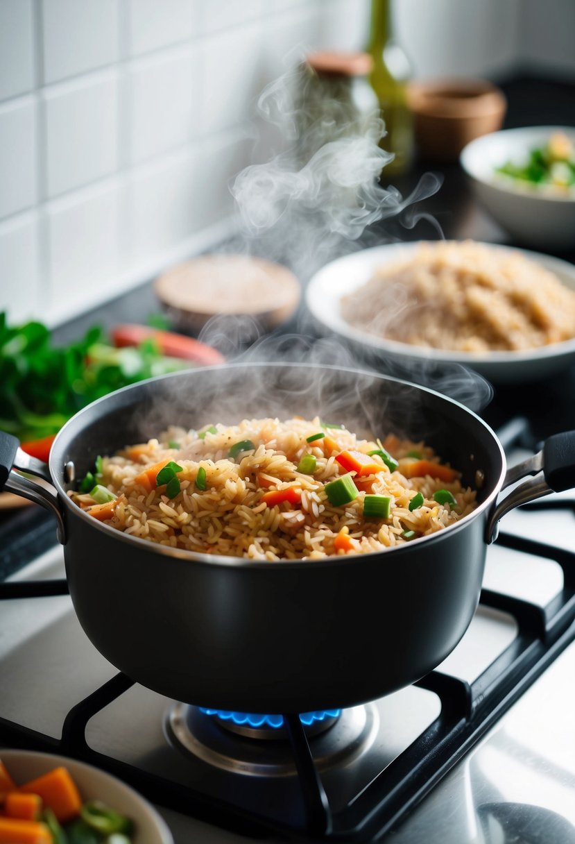 A steaming pot of brown rice and mixed vegetables cooking together on a stove