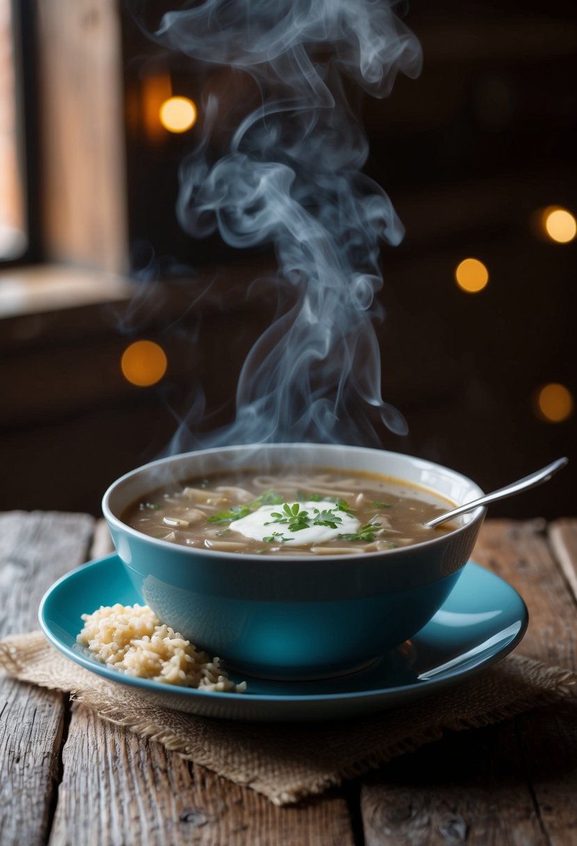 A steaming bowl of French onion soup with a side of fluffy brown rice on a rustic wooden table